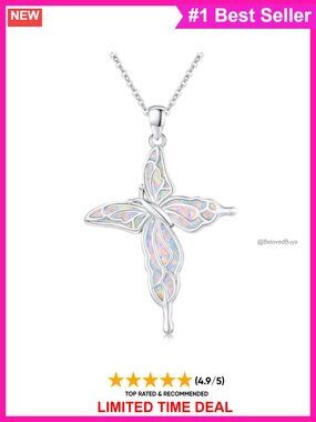 925 Sterling Silver Opal Butterfly Cross Pendant Necklace Confirmation Gift
